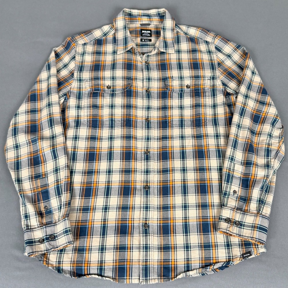 PrAna Plaid Button Down Shirt Mens Size M Blue Orange Flannel Edgewater